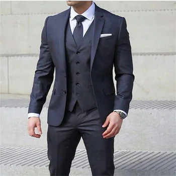 Тъмно сини бизнес мъжки костюми Slim Fit, 3 предмет, смокинг булката за сватбата с панталони, мъжки модерен яке, жилетка, официален костюм