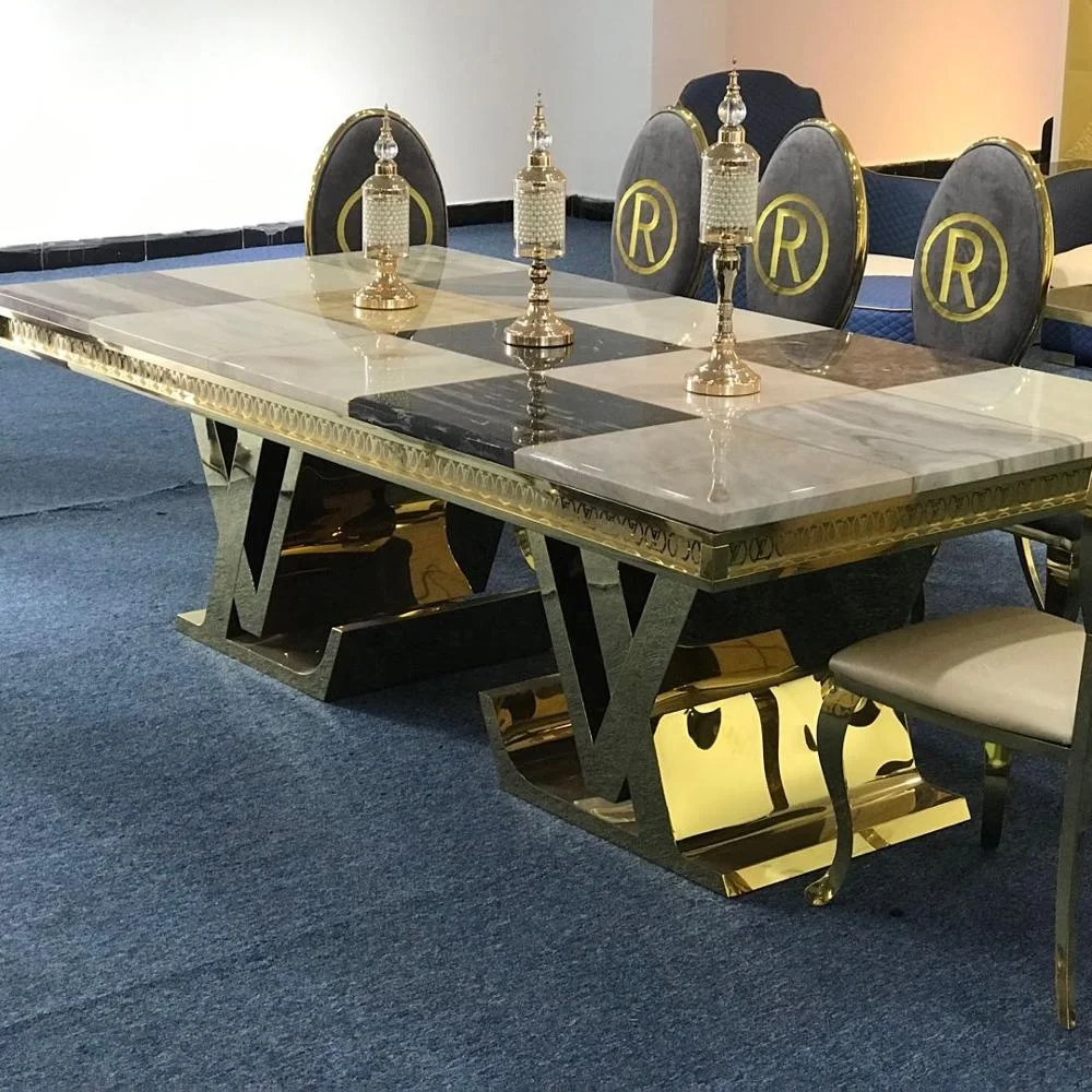 Луксозна правоъгълна мраморна маса за хранене с резным ръба, Златни Месинг, Сватбена маса от неръждаема стомана в хотела