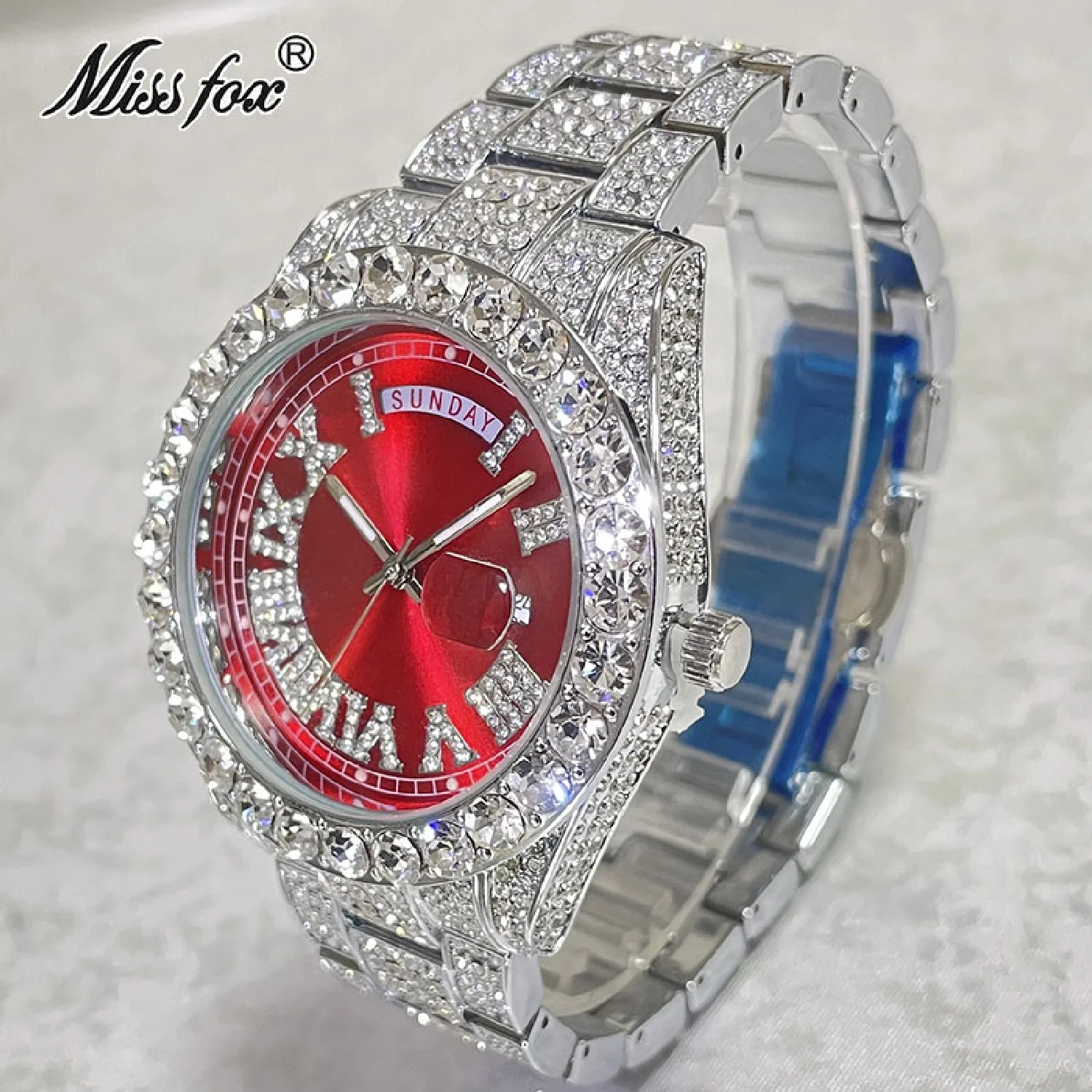 Нова марка, горещи луксозни часовници от муассанита за мъже, модни червени водоустойчиви часовници, автоматични часовници с датата на седмица, мъжки подарък, Горещ