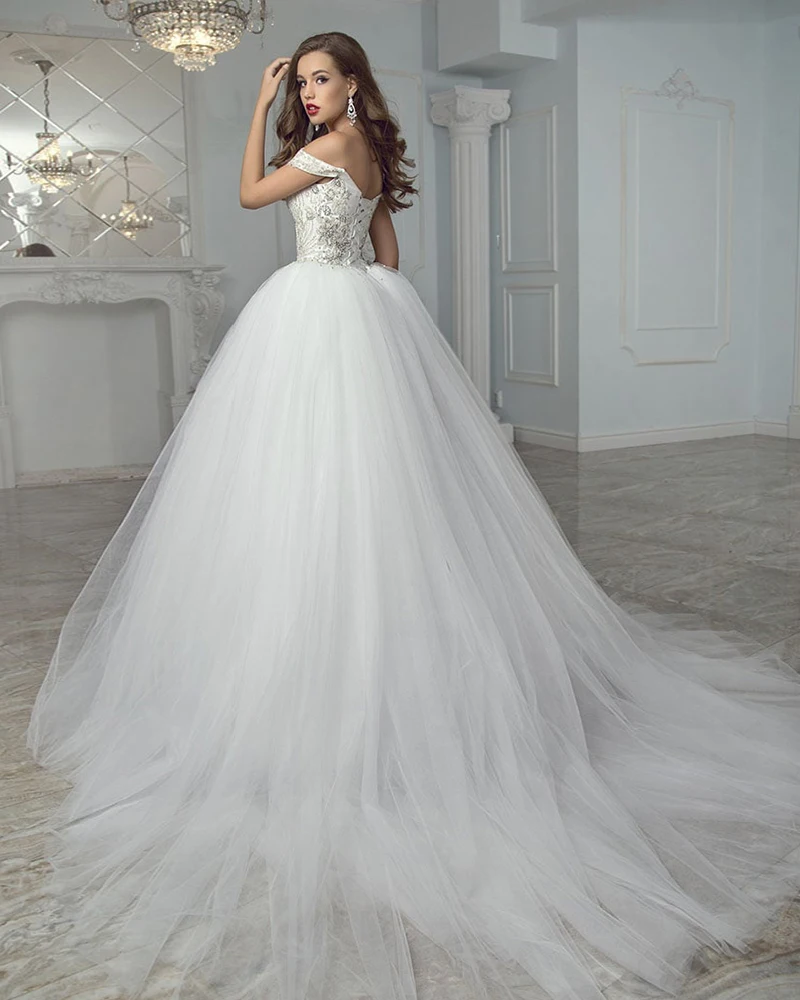Vestido De Noiva Блестяща бална рокля на принцеса с декорация във формата на кристали, расшитое мъниста сватбена рокля, бяла рокля с къс ръкав и деколте сърце