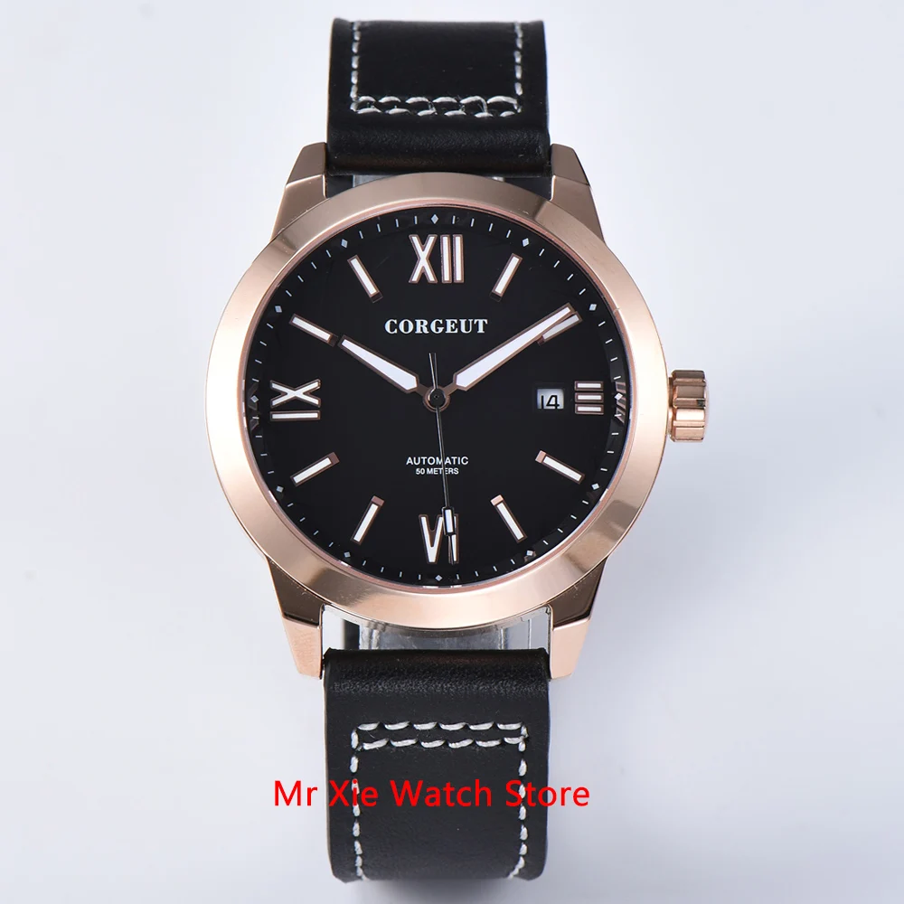 Corgeut 41 мм, черен циферблат, луминесцентни мъжки автоматично механичен часовник, водоустойчив, календар, каишка от сапфировой на кожата, ръчни часовници за мъже