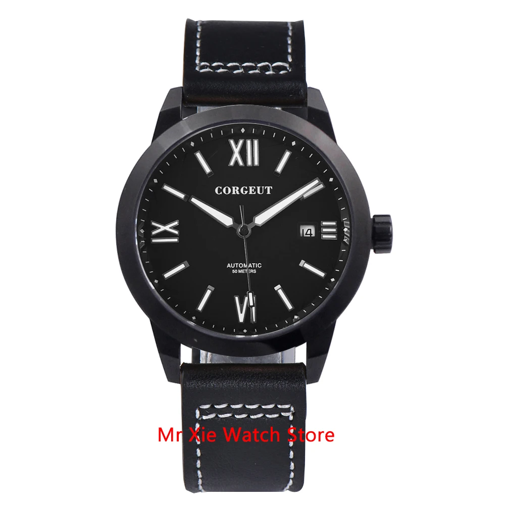 Corgeut 41 мм, черен циферблат, луминесцентни мъжки автоматично механичен часовник, водоустойчив, календар, каишка от сапфировой на кожата, ръчни часовници за мъже