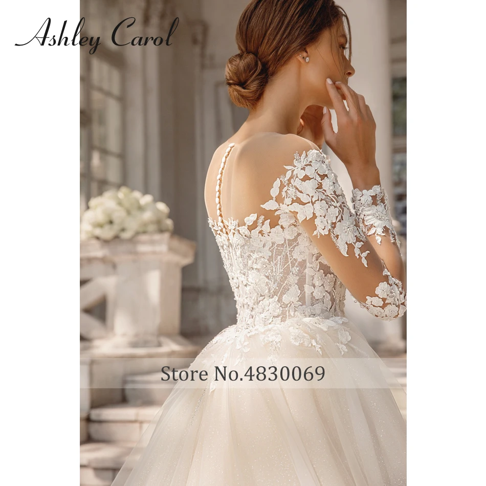 Сватбена рокля Ашли Carol 2023, Блестящи апликации от мъниста, дантелени рокли принцеса с дълги ръкави и подвижни влак, Vestidos De Новия