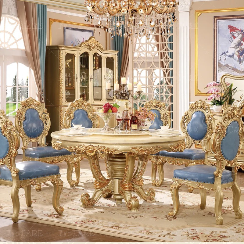 ProCare Мебели за трапезария в европейски стил вила от масивно дърво луксозна мраморна маса за хранене