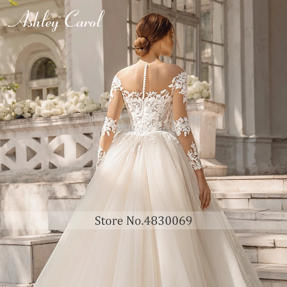 Сватбена рокля Ашли Carol 2023, Блестящи апликации от мъниста, дантелени рокли принцеса с дълги ръкави и подвижни влак, Vestidos De Новия