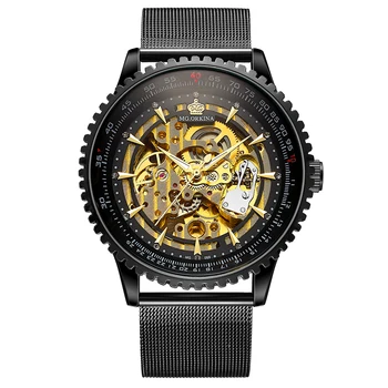 Директна доставка MG. Мъжки часовник ORKINA MG с черно мрежесто каишка от неръждаема стомана, автоматични механични часовници с виртуален скелет Reloj Para Mujer