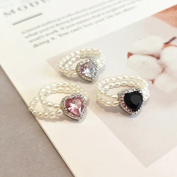 Нов пръстен с кристал на цирконий във формата на сърце, двухслойное перлена пръстен за жени, годежен пръстен с еластични мъниста, пръстен на пръста си, за подарък, за партита, бижута