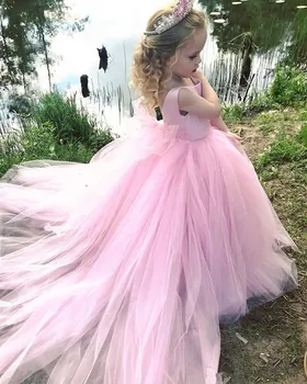 Розови рокли за момичета от тюл с цветя, тучни принцесата рокли без ръкави, елегантни рокли в стил кънтри за сватбената вечер, за шаферките, за първо причастие