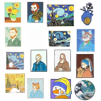Серия от картини с маслени бои, эмалевые игли, фигура на Ван Гог, скица на небето, Брошки, Икони на лацканах, Модни бижута, Подарък на едро