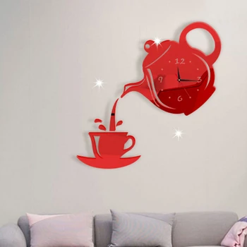 3D Стикер Часовници Кафеена чаша Чайник Самозалепващи акрилни Огледално часовници Стенни Стикери за домашен интериор на хола Стенен часовник Стенен