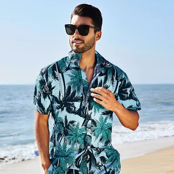 Лятна Популярност 2023 мъжки хавайски ризи с къс ръкав и принтом на кокосовата палма, ежедневни риза с яка, копчета, голям Размер 5XL