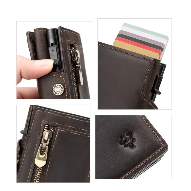 Умен алуминиев поп чантата за мъже, RFID-държач за кредитни ID-карти от естествена кожа, дамски портфейл за монети с цип джоб с отделения за бележки
