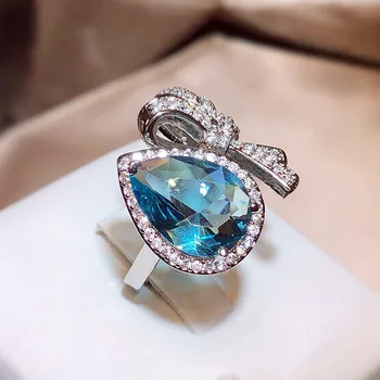 Сребро 925 AAAAA цирконий лък, капка вода, синьо скъпоценен камък, годежен пръстен, Креативни модни бижута за жени, регулируеми